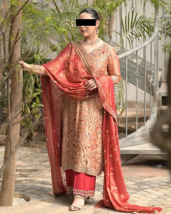 CoutureCraze peach gold embroidered suit set with red dupatta and detailed golden threadwork