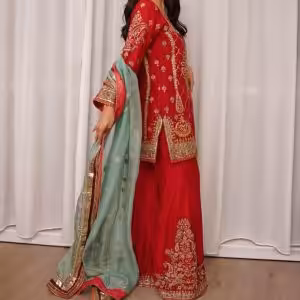 Ruby Red Gold Embroidered Sharara Set