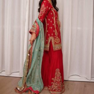 Ruby Red Gold Embroidered Sharara Set