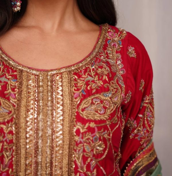 Ruby Red Gold Embroidered Sharara Set