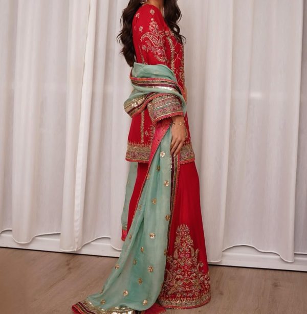Ruby Red Gold Embroidered Sharara Set