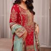 Ruby Red Gold Embroidered Sharara Set