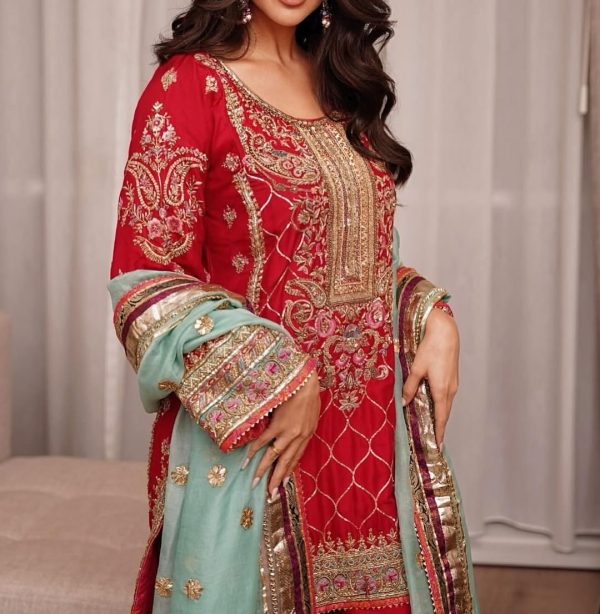 Ruby Red Gold Embroidered Sharara Set