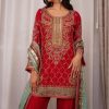 Ruby Red Gold Embroidered Sharara Set