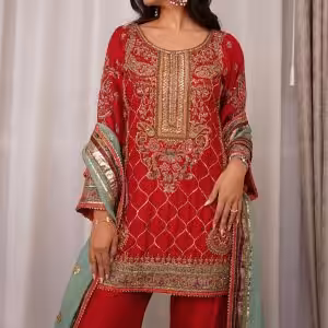 Ruby Red Gold Embroidered Sharara Set