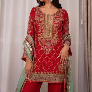 Ruby Red Gold Embroidered Sharara Set