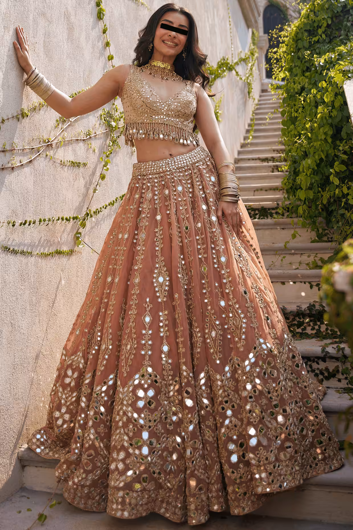 Ethnic peach lehenga set with fitted chanderi blouse and embroidered organza dupatta from Couturecraze