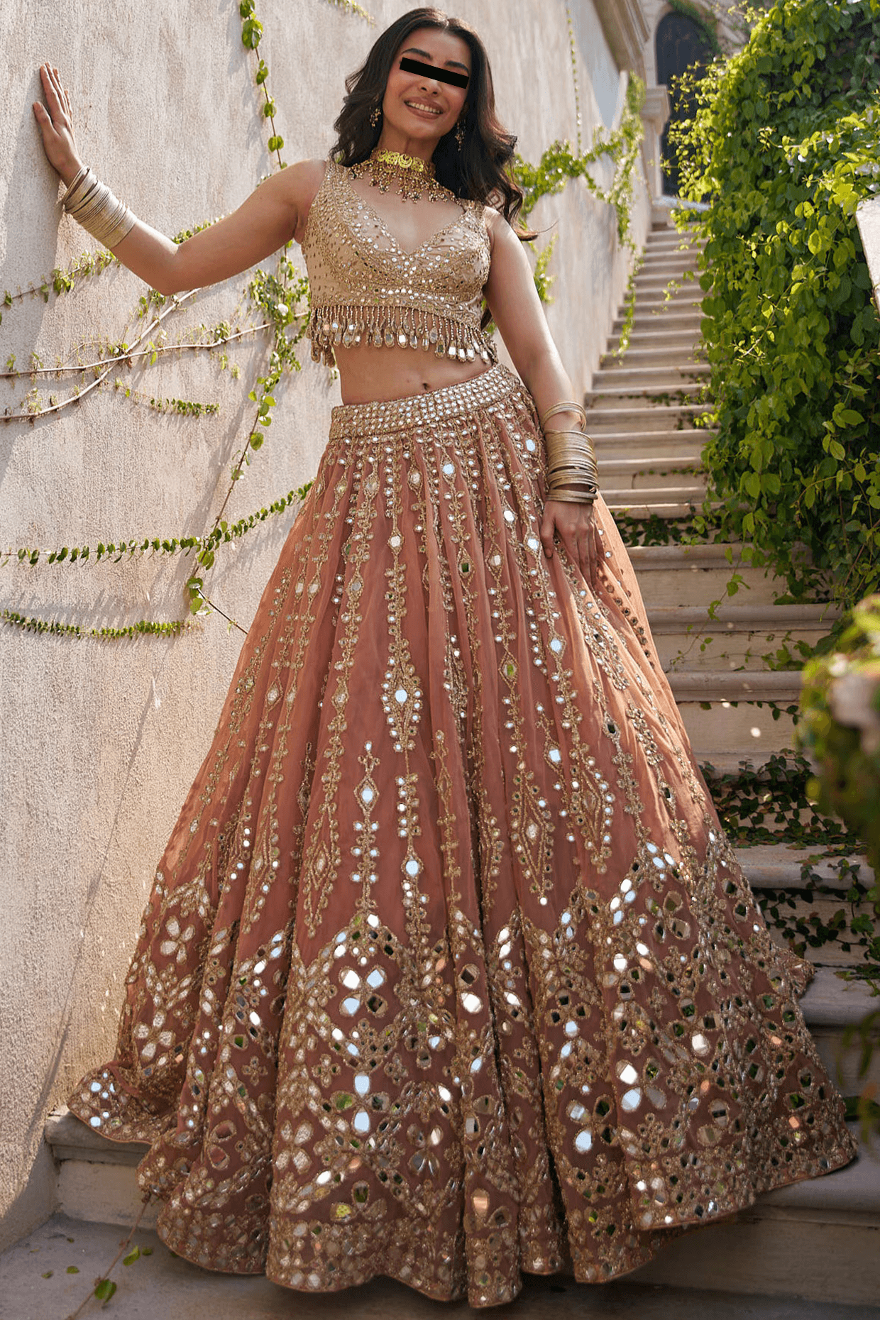 Ethnic peach lehenga set with fitted chanderi blouse and embroidered organza dupatta from Couturecraze