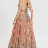 Peach net lehenga with mirror and thread embroidery, styled for wedding wear by Couturecraze