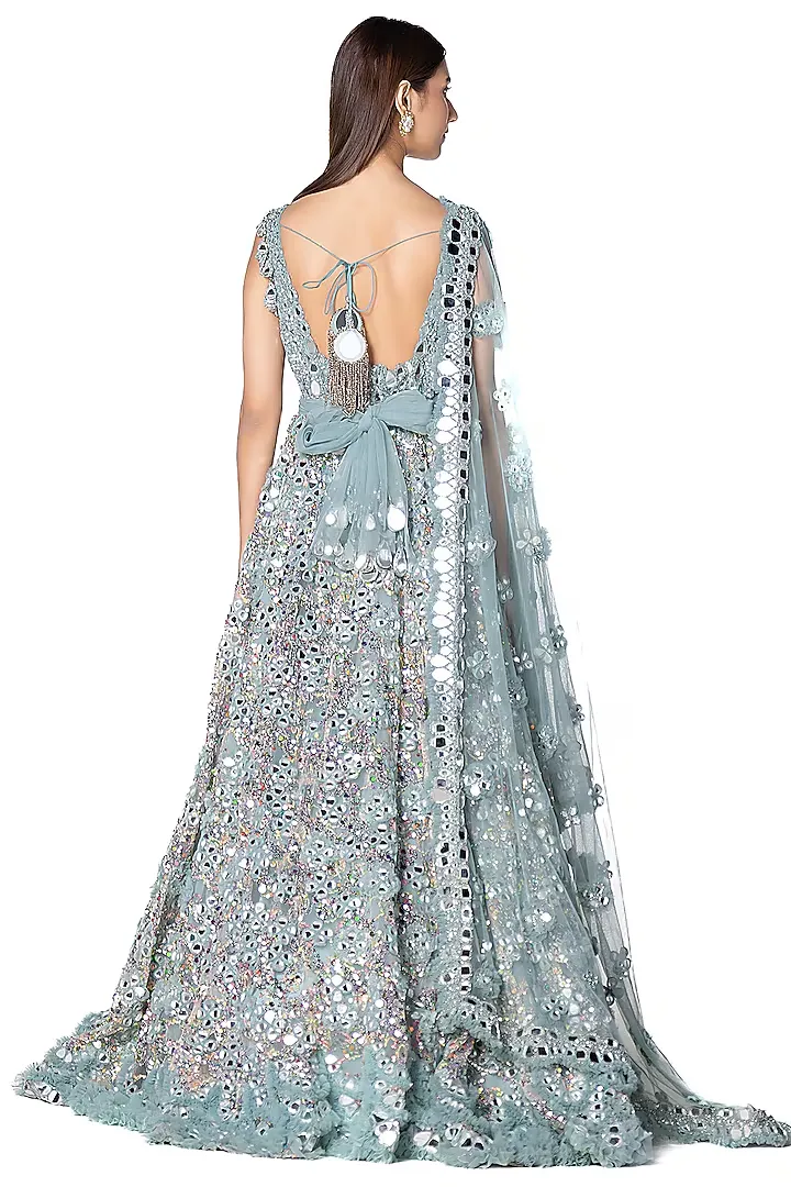 Graceful Aqua Blue Net Embroidered Anarkali Set by CoutureCraze – Light and Flowing Kurta with Detailed Embroidery – Perfect for Weddings, Festive Events, and Special Occasions - Image 4