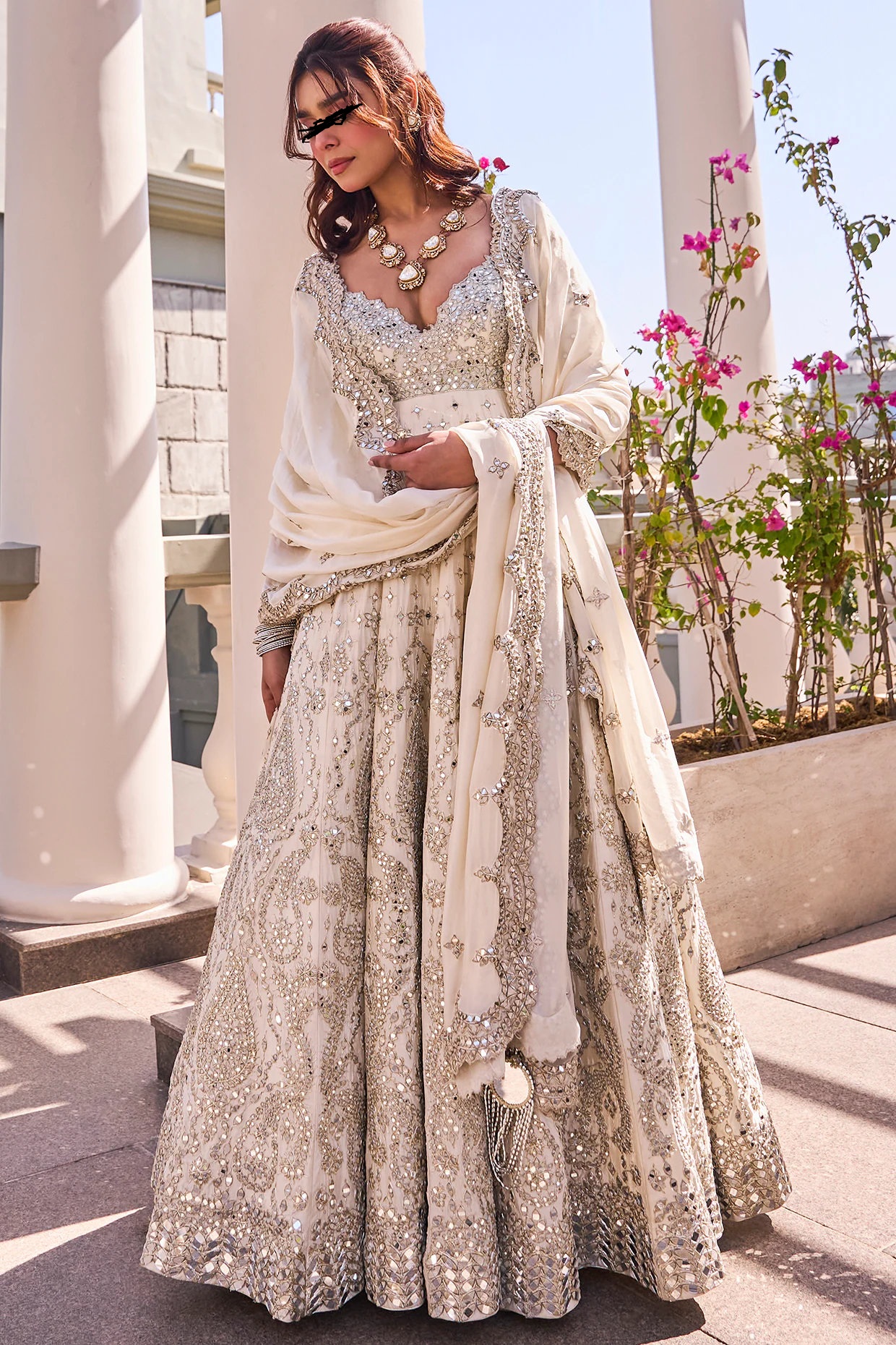 Ivory Chanderi Lurex Mirror Embroidered Anarkali Set with Pants & Dupatta - Image 3