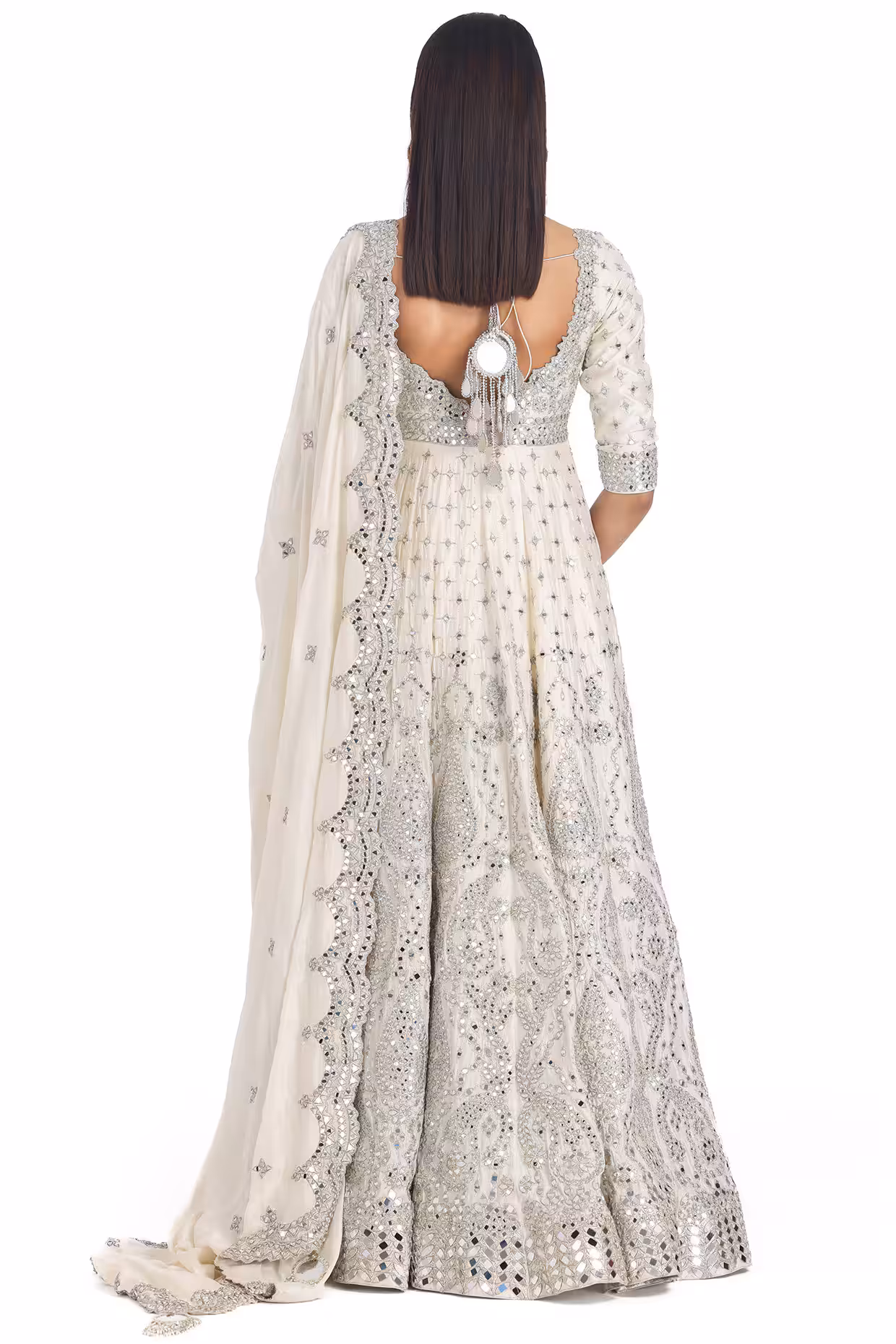 Ivory Chanderi Lurex Mirror Embroidered Anarkali Set with Pants & Dupatta - Image 4
