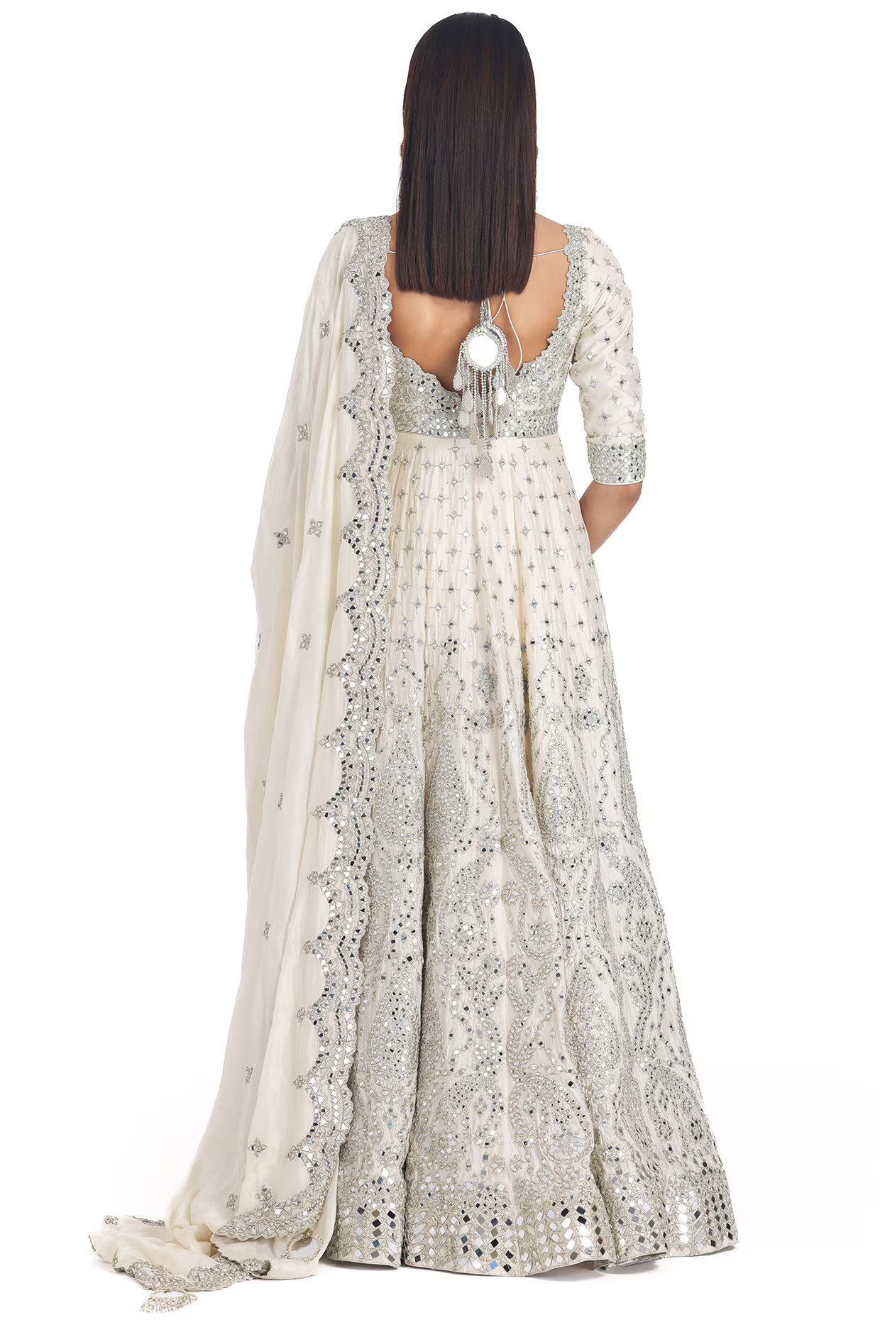 Ivory Chanderi Lurex Mirror Embroidered Anarkali Set with Pants & Dupatta - Image 4