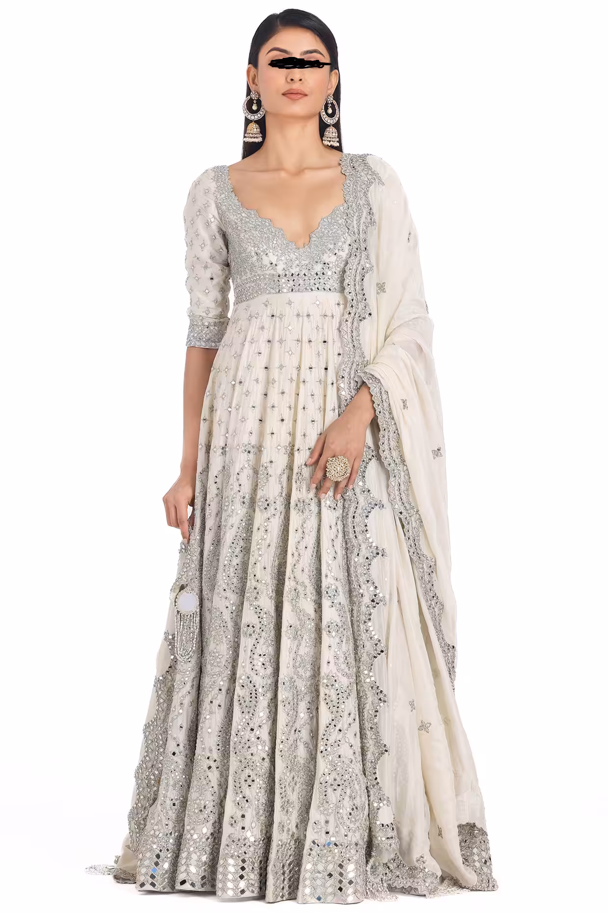 Ivory Chanderi Lurex Mirror Embroidered Anarkali Set with Pants & Dupatta - Image 5