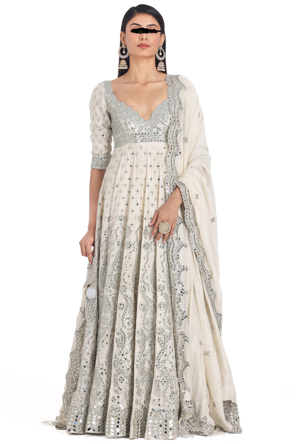 Ivory Chanderi Lurex Mirror Embroidered Anarkali Set with Pants & Dupatta - Image 5