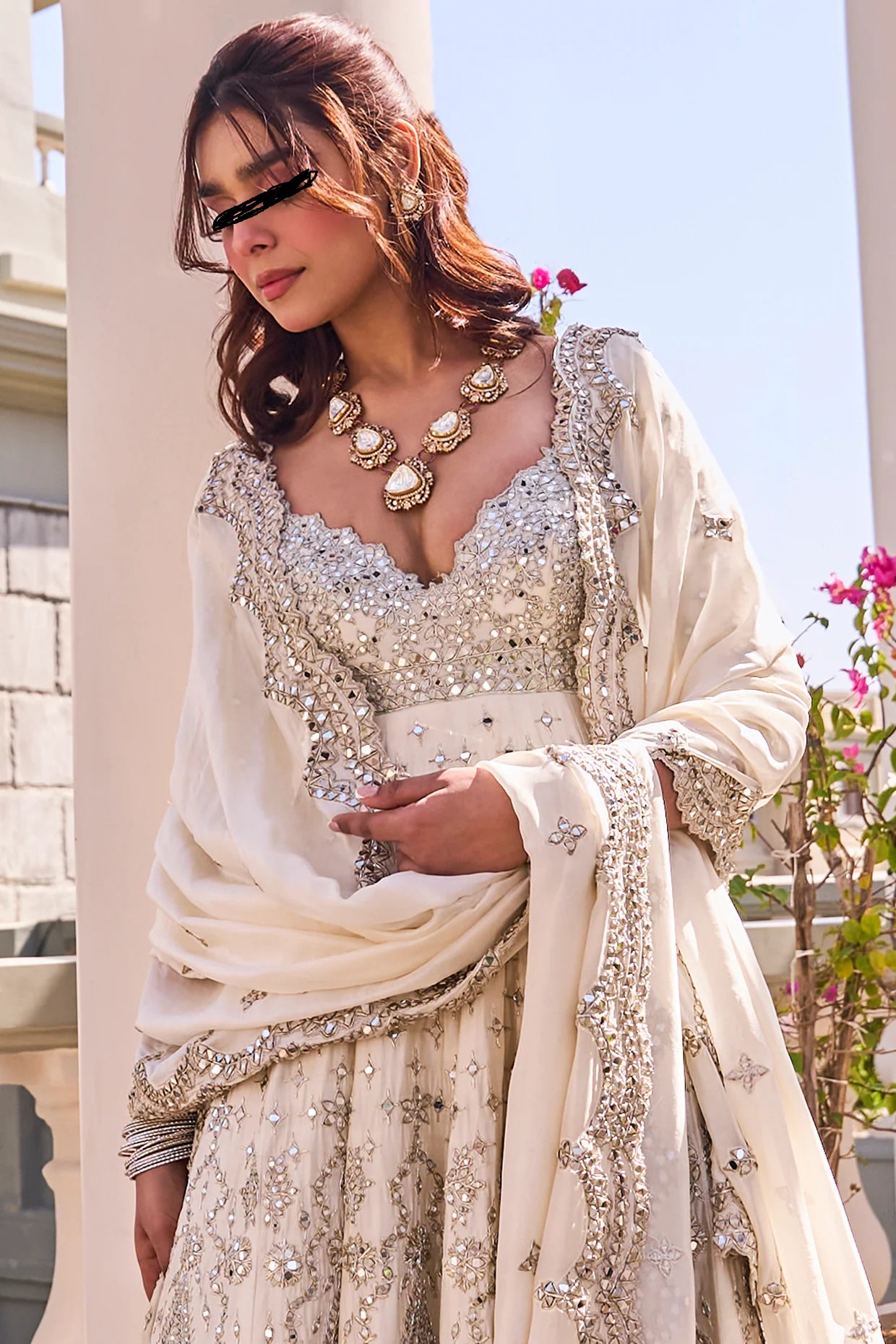 Ivory Chanderi Lurex Mirror Embroidered Anarkali Set with Pants & Dupatta