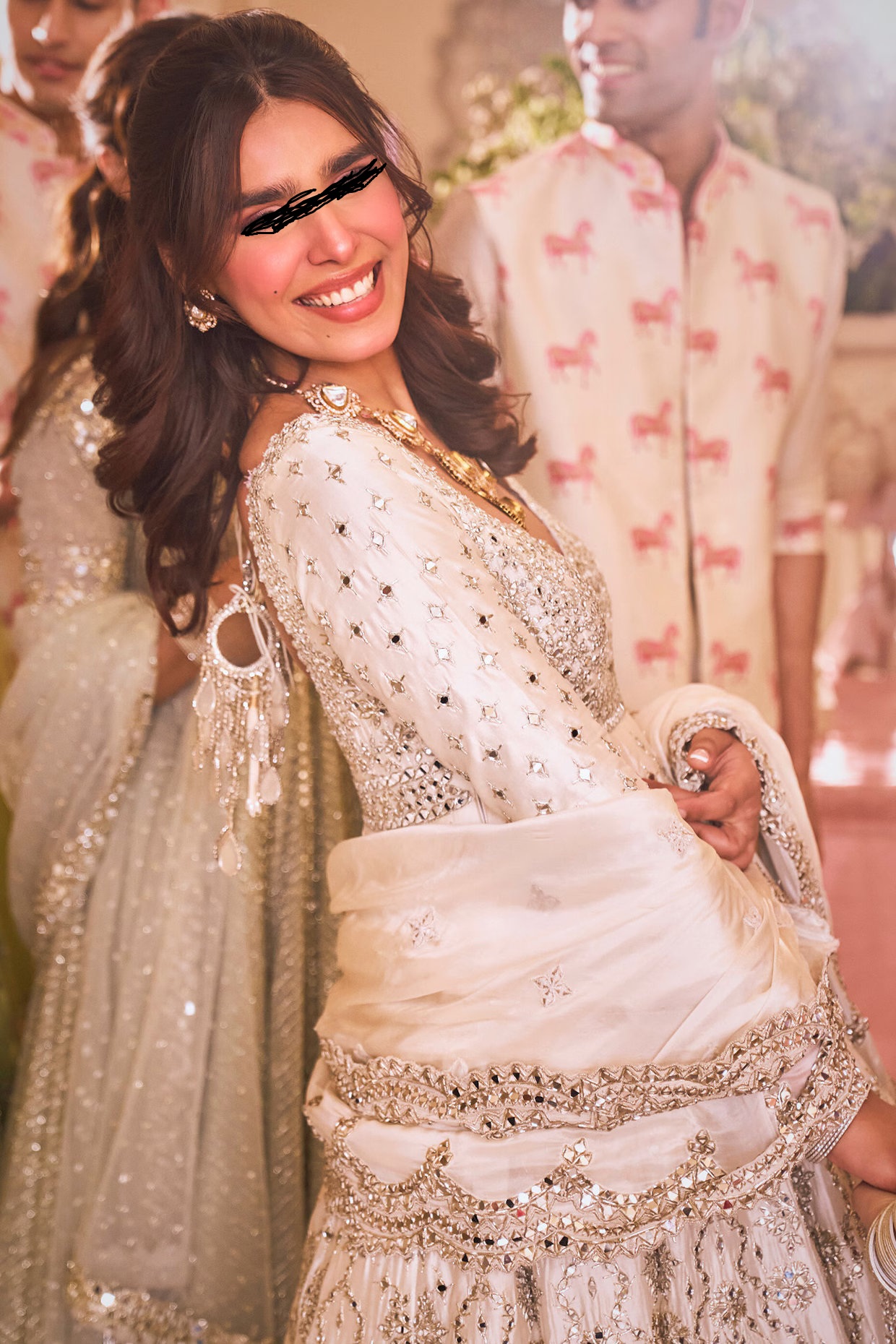 Ivory Chanderi Lurex Mirror Embroidered Anarkali Set with Pants & Dupatta - Image 2