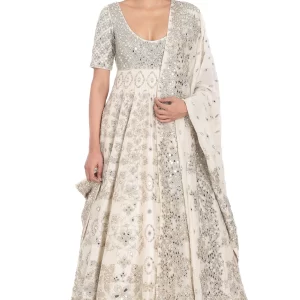 Elegant Ivory Chanderi Lurex & Mirror Embroidered Anarkali With Pants & Dupatta – Festive Ethnic Set