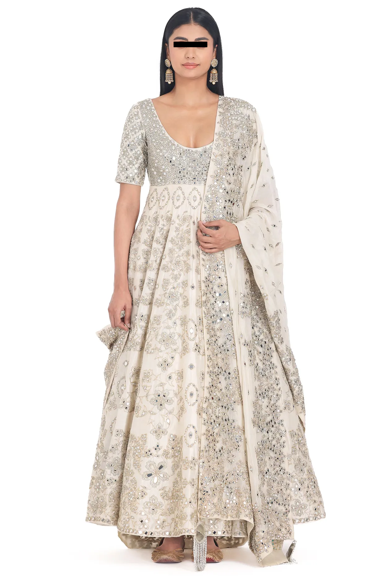 Elegant Ivory Chanderi Lurex & Mirror Embroidered Anarkali With Pants & Dupatta – Festive Ethnic Set