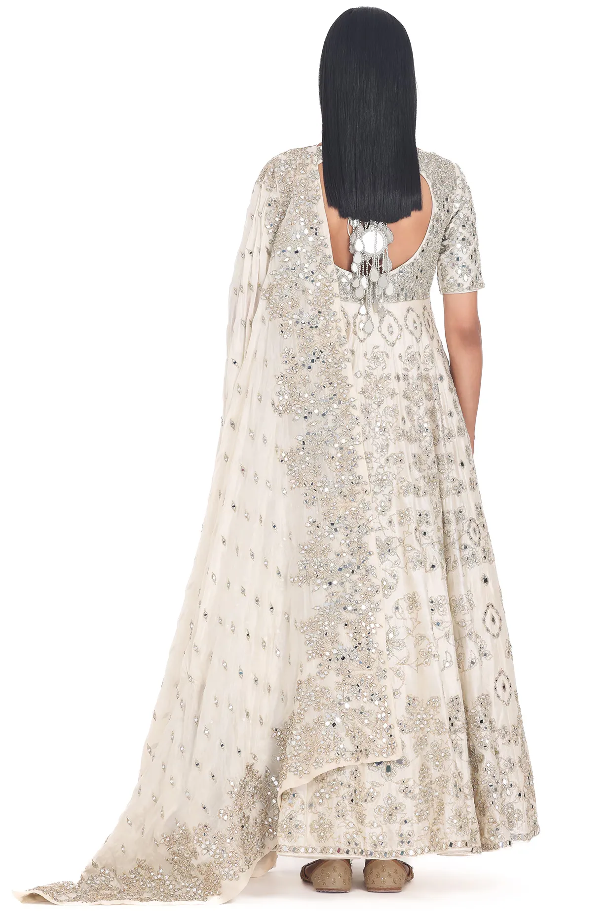 Elegant Ivory Chanderi Lurex & Mirror Embroidered Anarkali With Pants & Dupatta – Festive Ethnic Set - Image 4