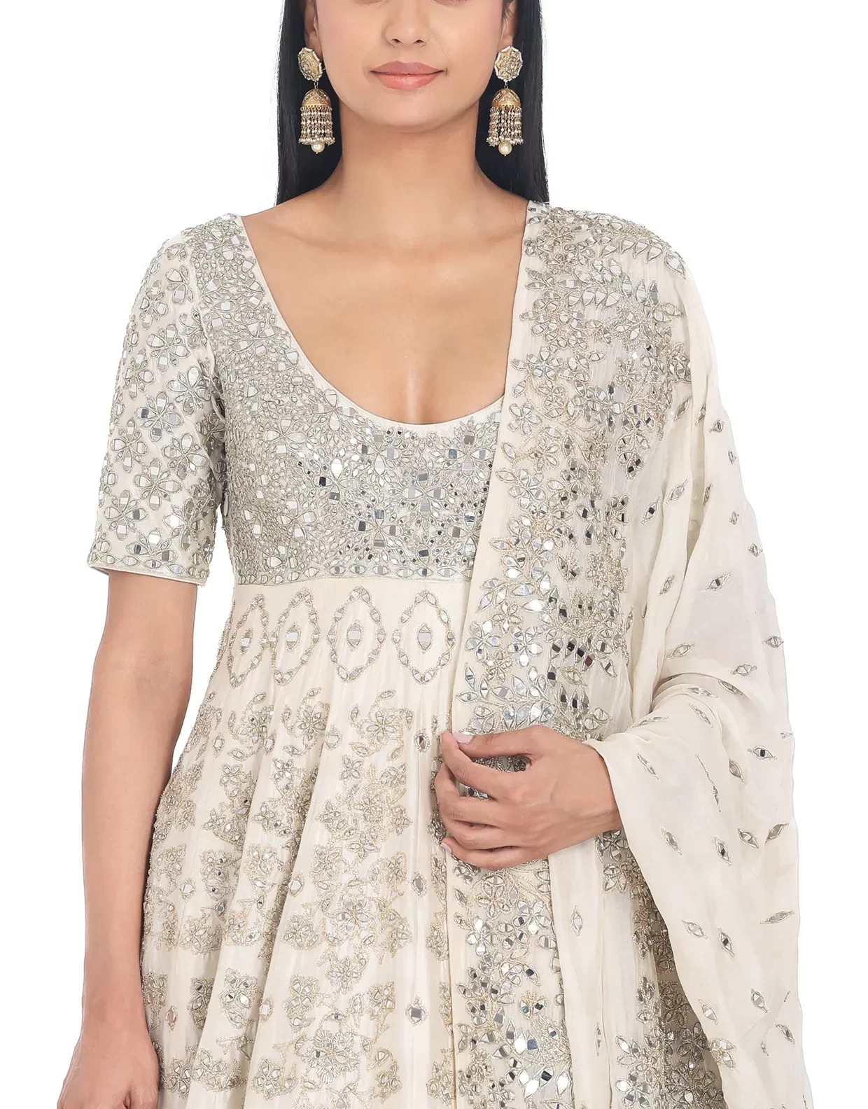 Elegant Ivory Chanderi Lurex & Mirror Embroidered Anarkali With Pants & Dupatta – Festive Ethnic Set - Image 3