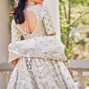 Alternative view of Elegant Ivory Chanderi Lurex & Mirror Embroidered Anarkali With Pants & Dupatta – Festive Ethnic Set