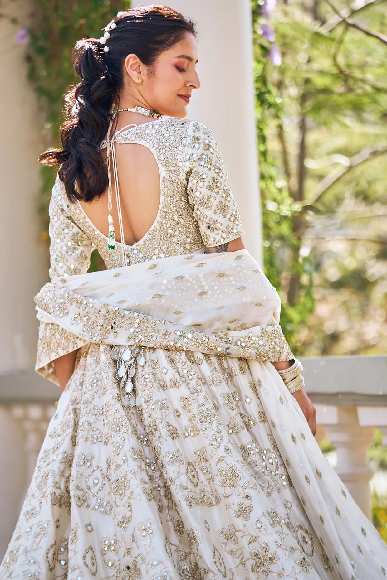 Elegant Ivory Chanderi Lurex & Mirror Embroidered Anarkali With Pants & Dupatta – Festive Ethnic Set - Image 2