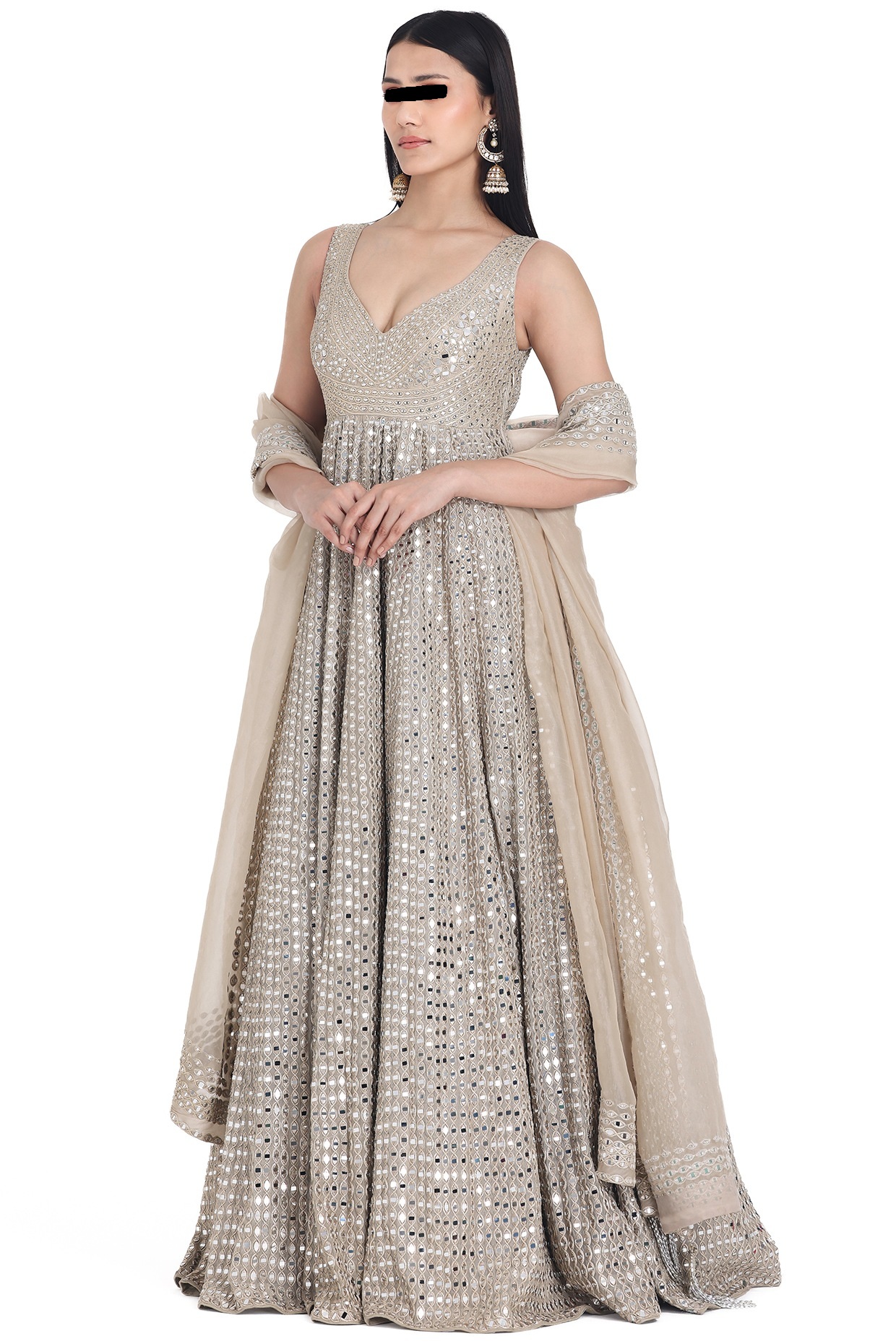 Moon Grey Chanderi Anarkali Set - Image 4