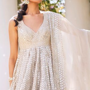 Moon Grey Chanderi Anarkali Set