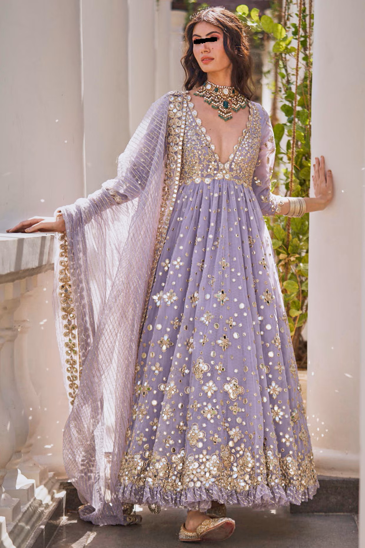 Lilac Mirror Anarkali Set with Net Dupatta and Pants for Festive and Wedding Wearv - Image 6