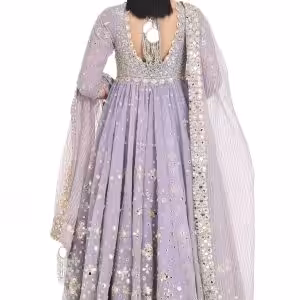 Alternative view of Lilac Mirror Anarkali Set with Net Dupatta and Pants for Festive and Wedding Wearv