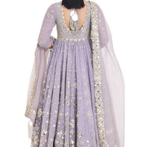 Alternative view of Lilac Mirror Anarkali Set with Net Dupatta and Pants for Festive and Wedding Wearv