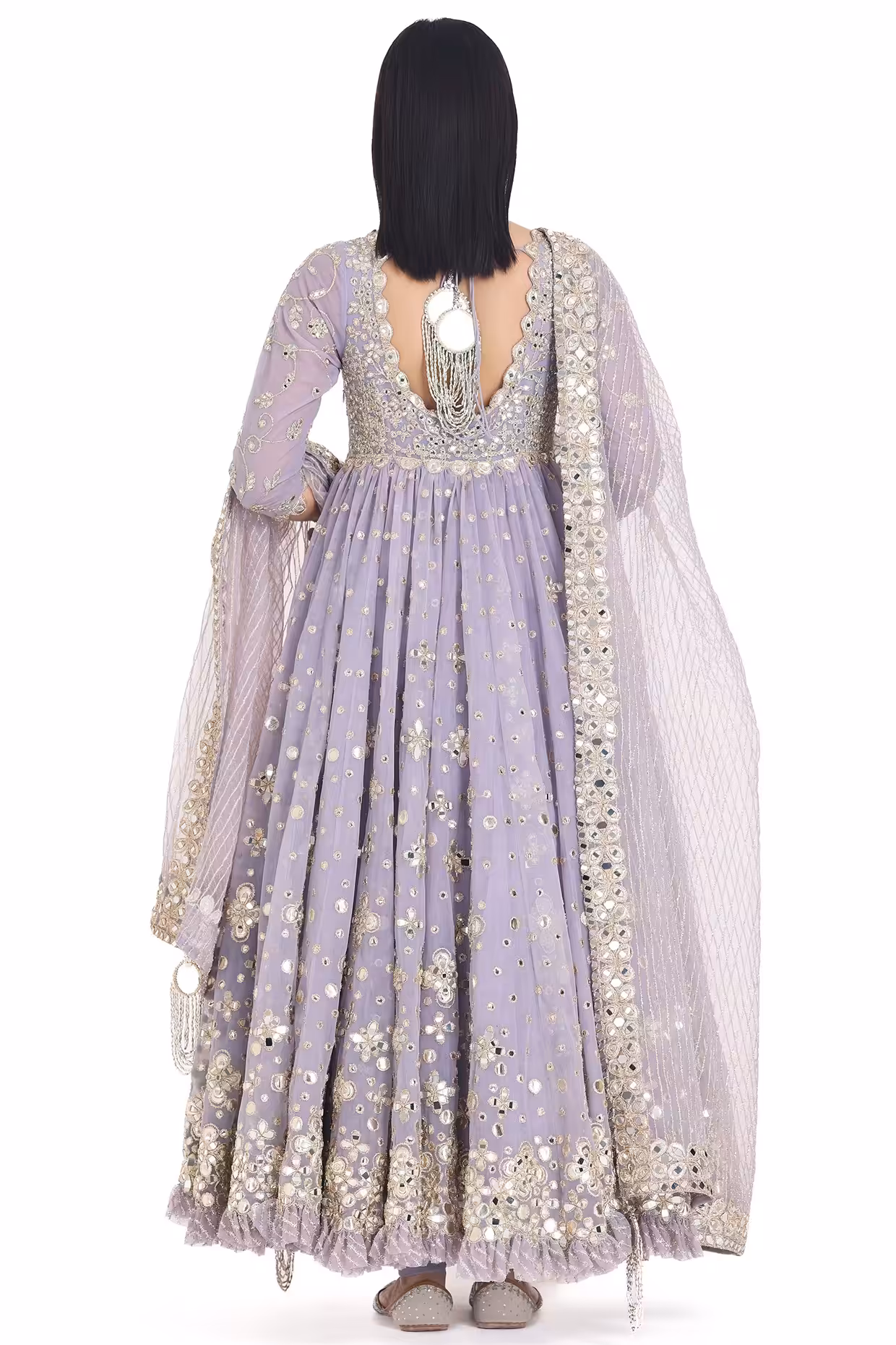 Lilac Mirror Anarkali Set with Net Dupatta and Pants for Festive and Wedding Wearv - Image 2