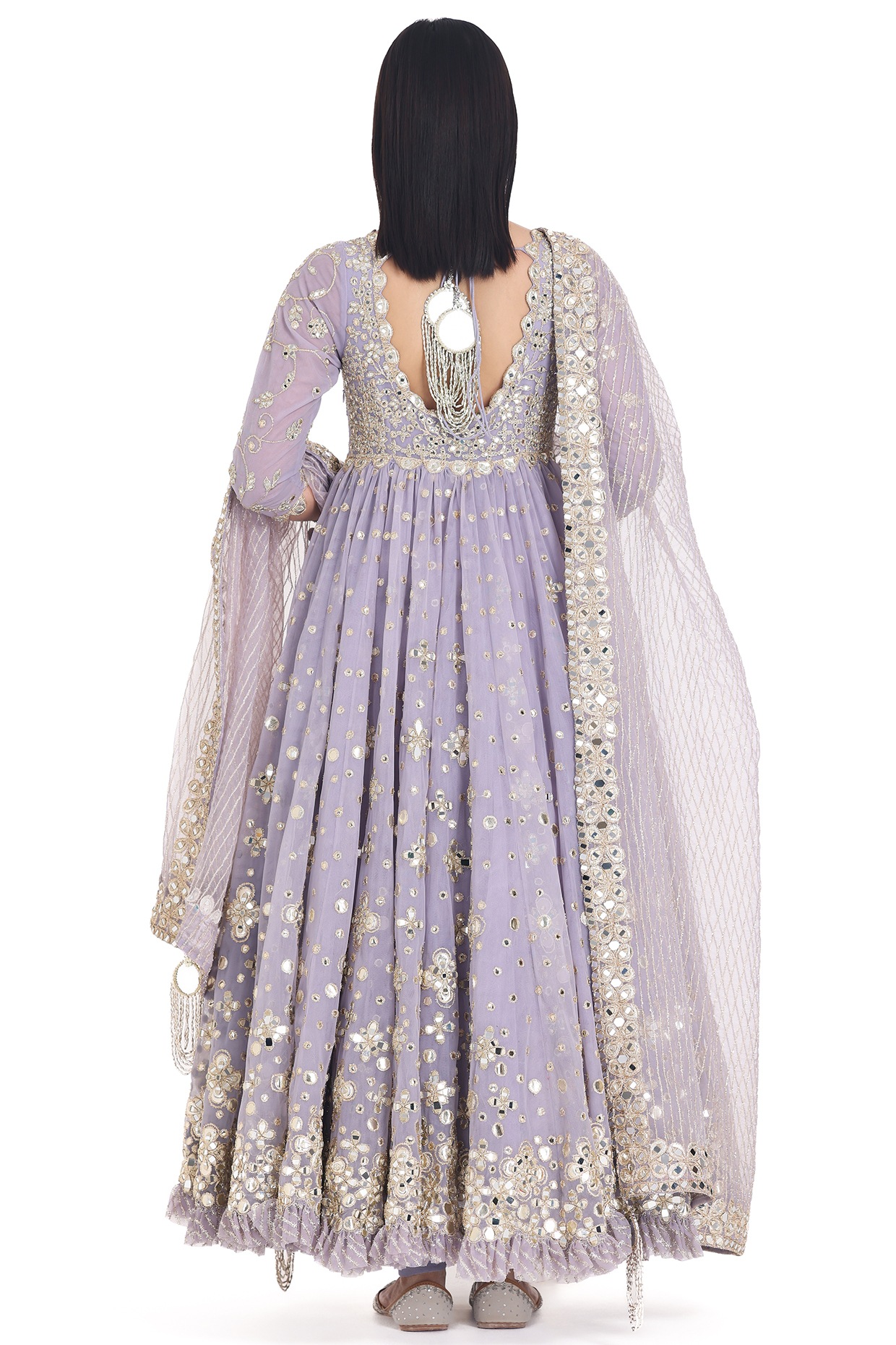 Lilac Mirror Anarkali Set with Net Dupatta and Pants for Festive and Wedding Wearv - Image 2