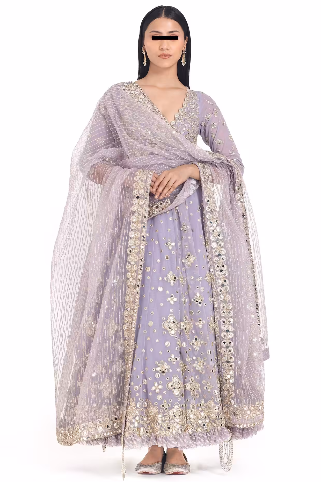 Lilac Mirror Anarkali Set with Net Dupatta and Pants for Festive and Wedding Wearv - Image 3