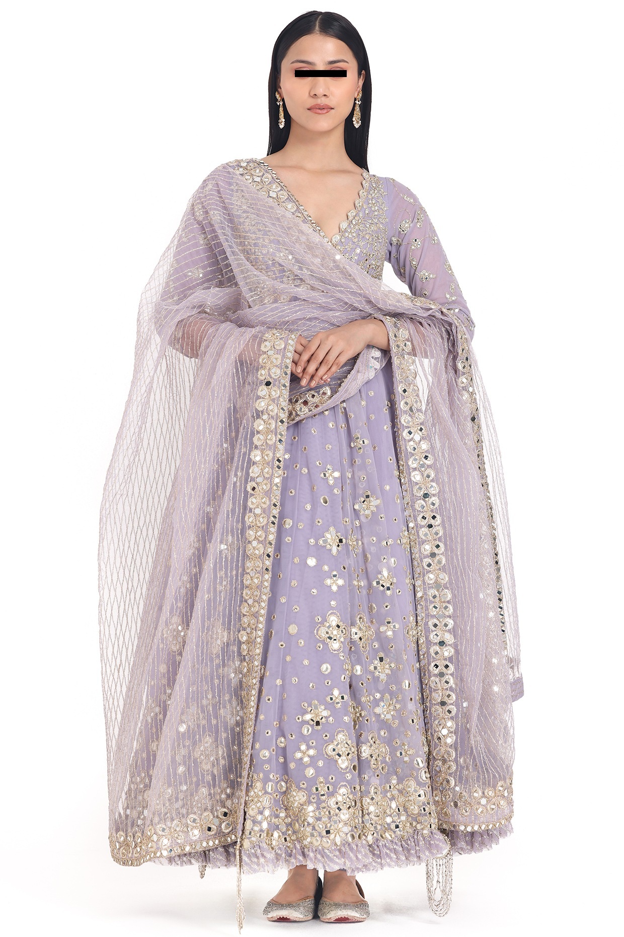 Lilac Mirror Anarkali Set with Net Dupatta and Pants for Festive and Wedding Wearv - Image 3