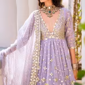 Lilac Mirror Anarkali Set with Net Dupatta and Pants for Festive and Wedding Wearv
