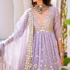 Lilac Mirror Anarkali Set with Net Dupatta and Pants for Festive and Wedding Wearv