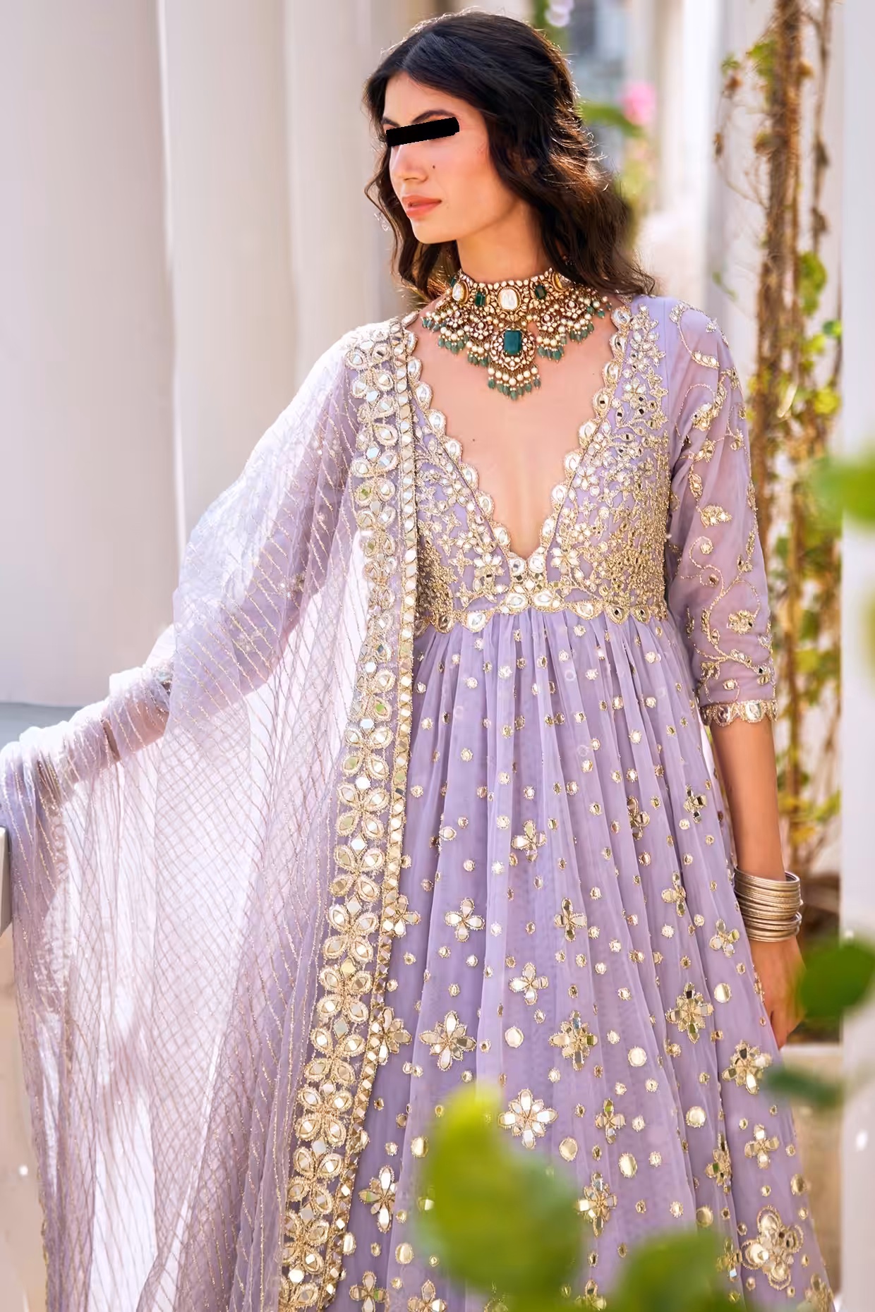 Lilac Mirror Anarkali Set with Net Dupatta and Pants for Festive and Wedding Wearv