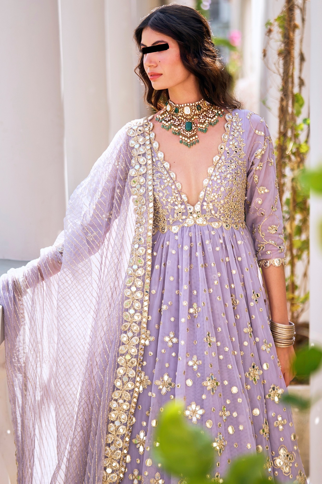 Lilac Mirror Anarkali Set with Net Dupatta and Pants for Festive and Wedding Wearv