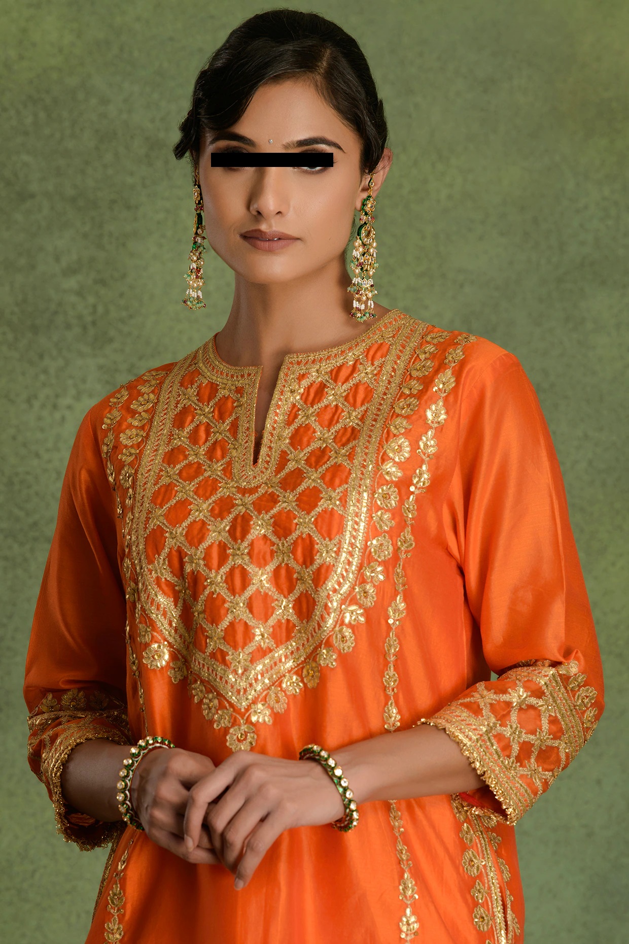 Deep Orange A-Line Chanderi Kurta Set with Gota Embroidery, Organza Dupatta, Pants & Potli for Festive Occasions - Image 3