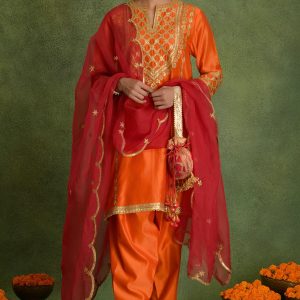 Deep Orange A-Line Chanderi Kurta Set with Gota Embroidery, Organza Dupatta, Pants & Potli for Festive Occasions