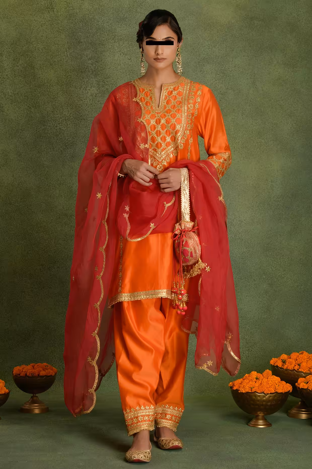Deep Orange A-Line Chanderi Kurta Set with Gota Embroidery, Organza Dupatta, Pants & Potli for Festive Occasions