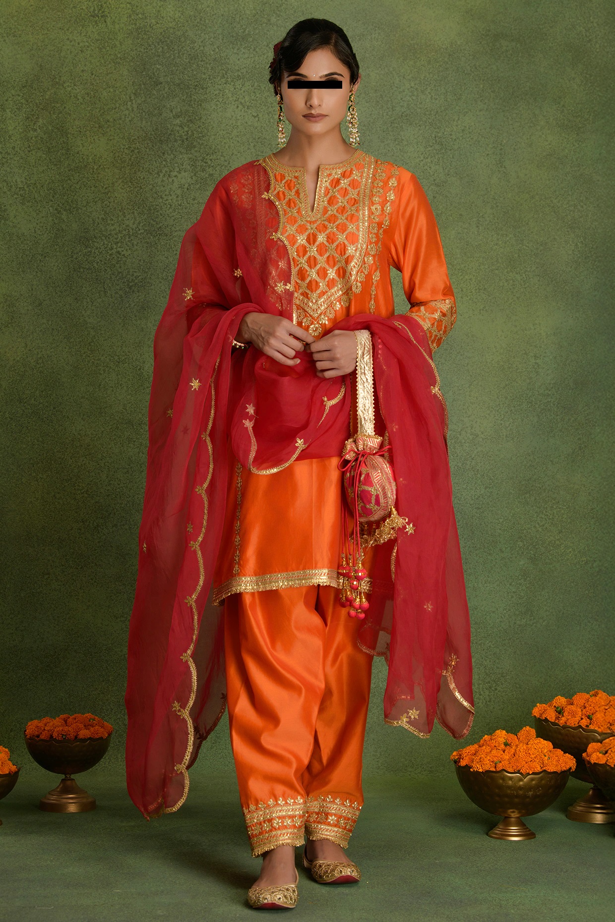 Deep Orange A-Line Chanderi Kurta Set with Gota Embroidery, Organza Dupatta, Pants & Potli for Festive Occasions