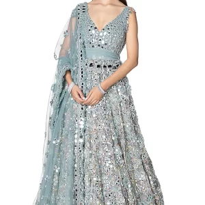 Graceful Aqua Blue Net Embroidered Anarkali Set by CoutureCraze – Light and Flowing Kurta with Detailed Embroidery – Perfect for Weddings, Festive Events, and Special Occasions
