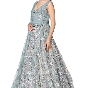 Alternative view of Graceful Aqua Blue Net Embroidered Anarkali Set by CoutureCraze – Light and Flowing Kurta with Detailed Embroidery – Perfect for Weddings, Festive Events, and Special Occasions