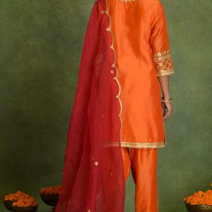 Alternative view of Deep Orange A-Line Chanderi Kurta Set with Gota Embroidery, Organza Dupatta, Pants & Potli for Festive Occasions