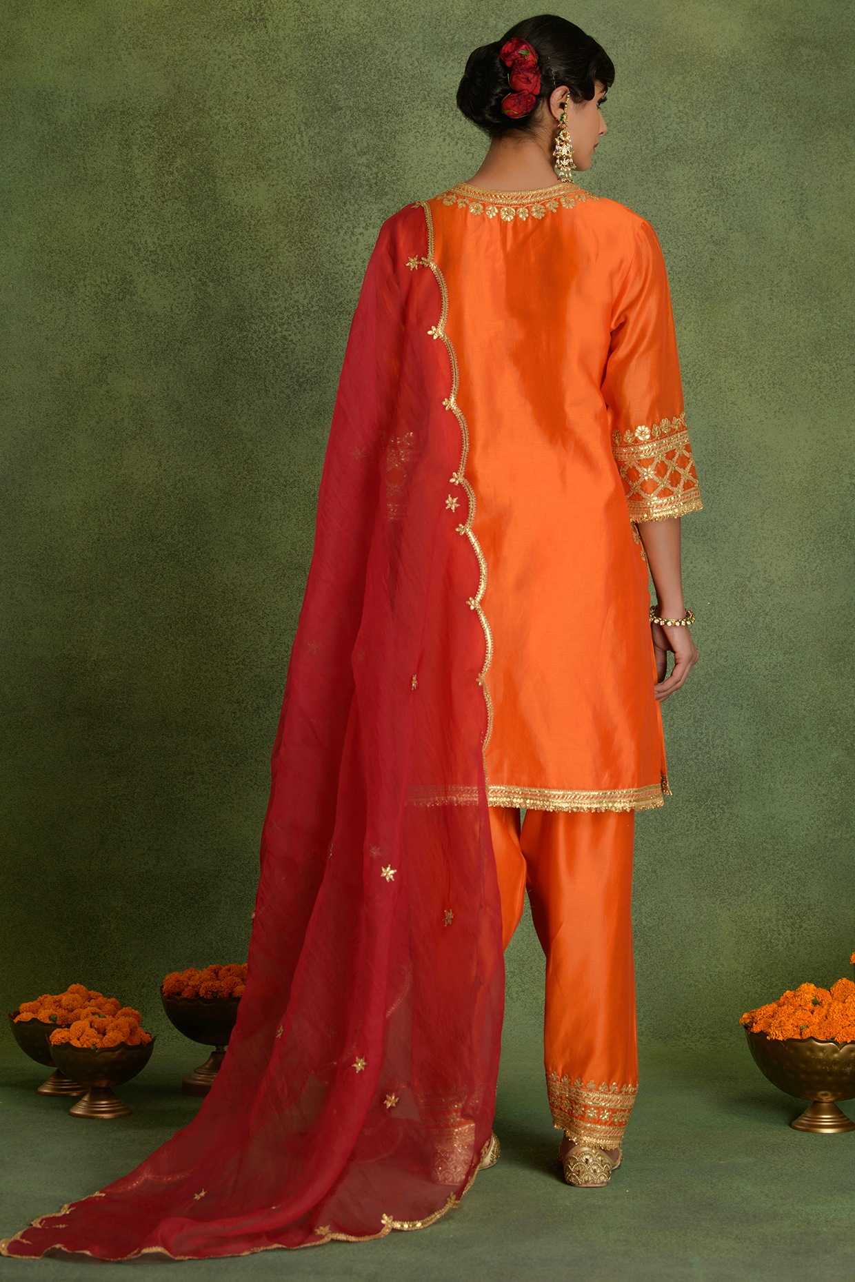 Deep Orange A-Line Chanderi Kurta Set with Gota Embroidery, Organza Dupatta, Pants & Potli for Festive Occasions - Image 2