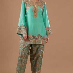 Turquoise Chanderi Printed Short Kurta Set