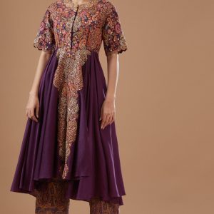 Wine Chanderi Printed Asymmetrical Kalidar Kurta Set